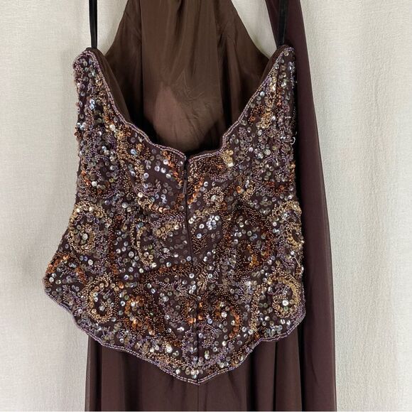 Cassandra Stone Brown Vintage 90s Silk Beaded Halter Ombre Prom Formal Gown 12 - Picture 10 of 11